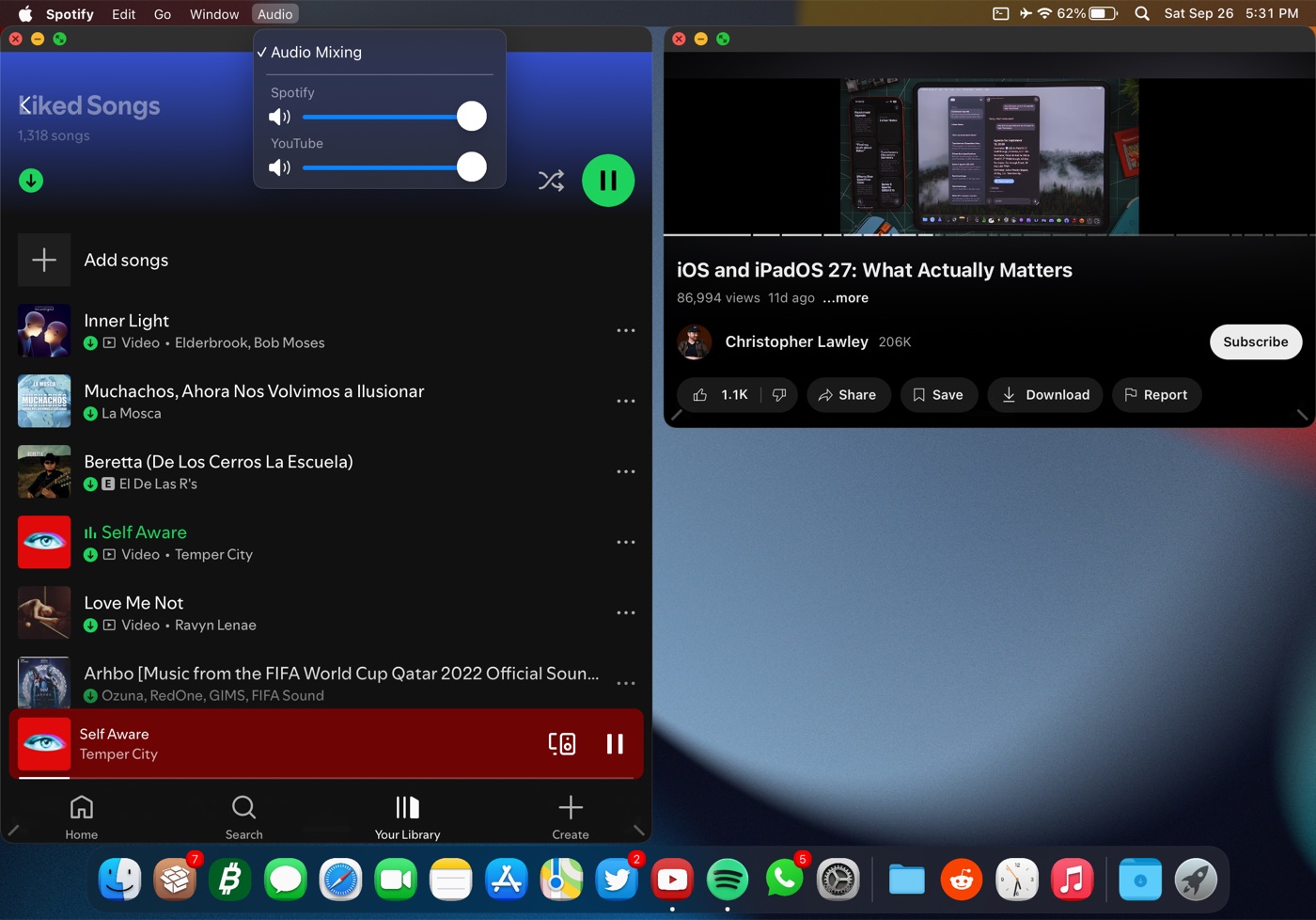Spotify and YouTube playing together with per-app volume